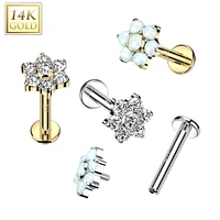 14KT White Gold White CZ Flower Internally Threaded Flat Back Labret