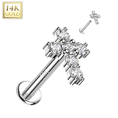 14KT White Gold White CZ Cross Flat Back Labret