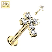 14KT Yellow Gold White CZ Cross Flat Back Labret