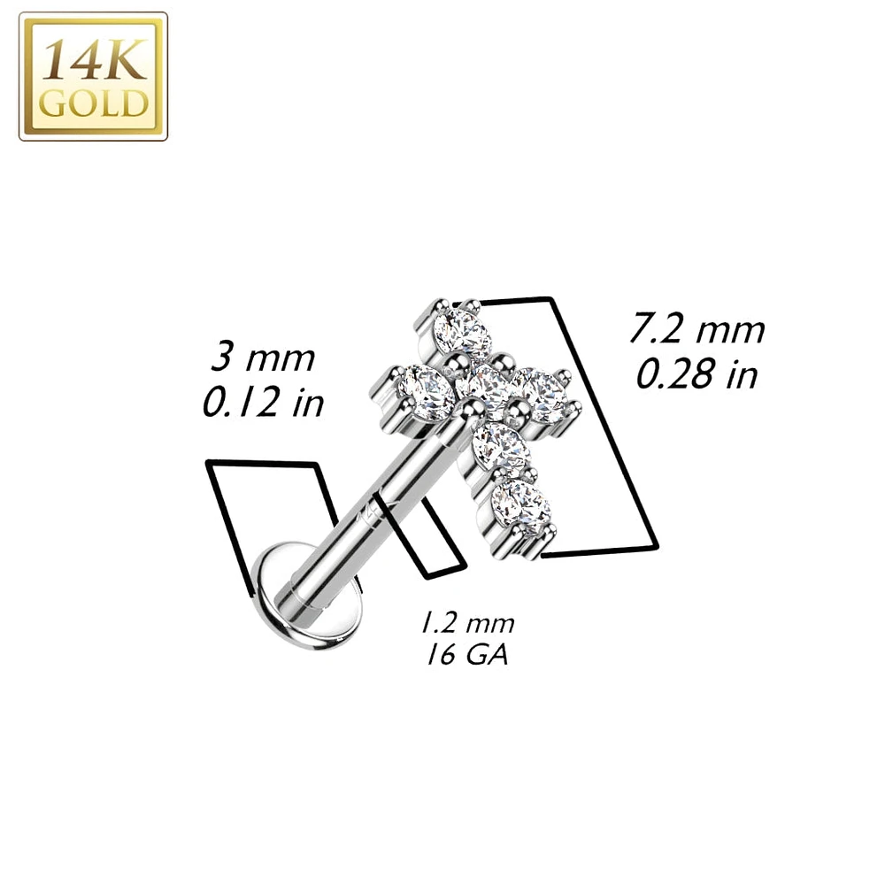 14KT White Gold White CZ Cross Flat Back Labret