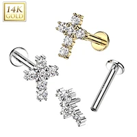 14KT White Gold White CZ Cross Flat Back Labret