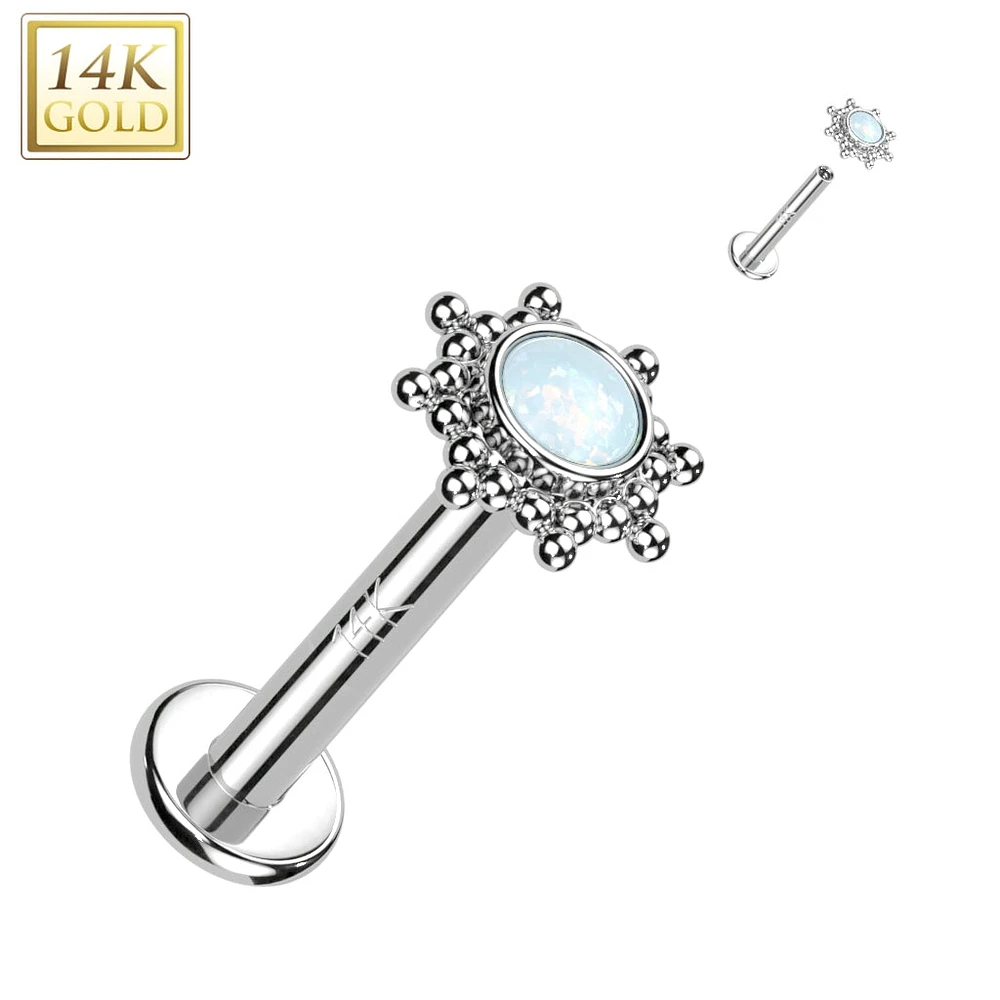 14KT White Gold White Opal Beaded Internally Threaded Flat Back Labret