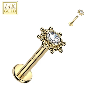 14KT Yellow Gold White CZ Beaded Internally Threaded Flat Back Labret