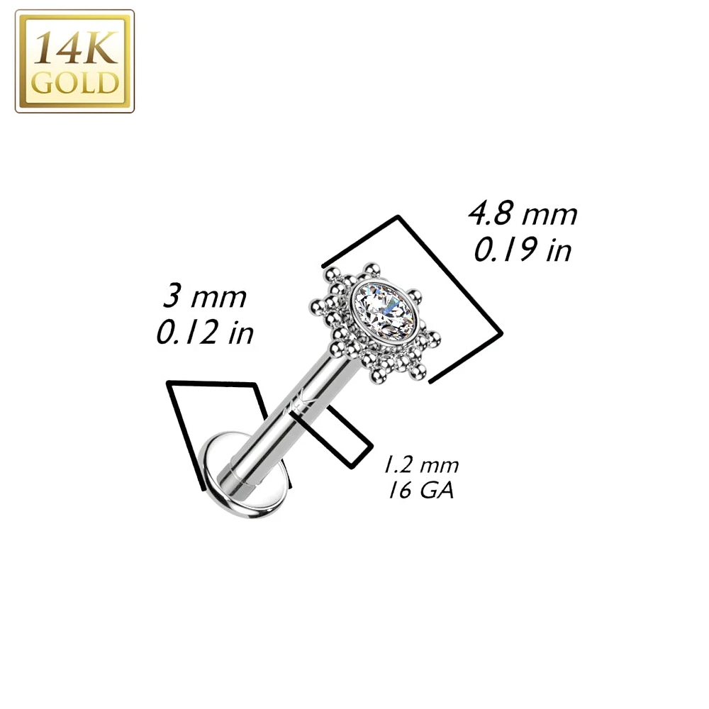 14KT White Gold White CZ Beaded Internally Threaded Flat Back Labret