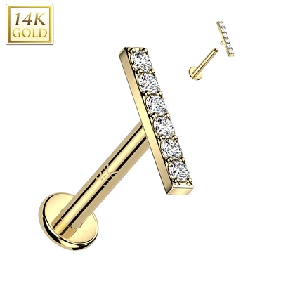 14KT Yellow Gold White CZ Bar Internally Threaded Flat Back Labret