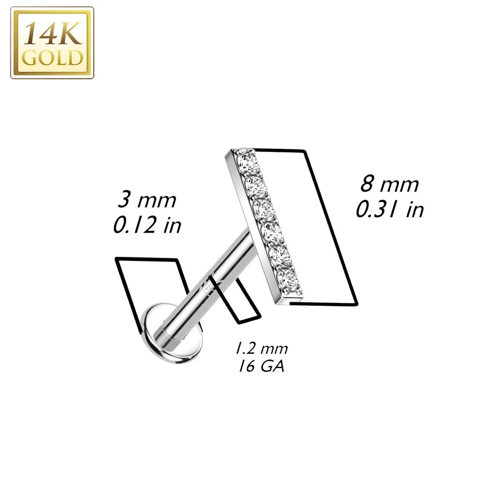 14KT Gold White CZ Bar Internally Threaded Flat Back Labret