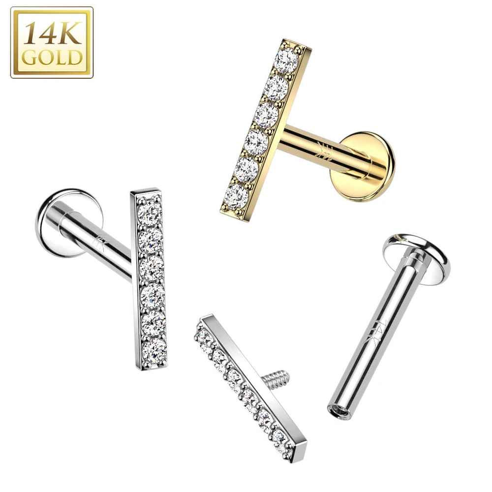 14KT Gold White CZ Bar Internally Threaded Flat Back Labret