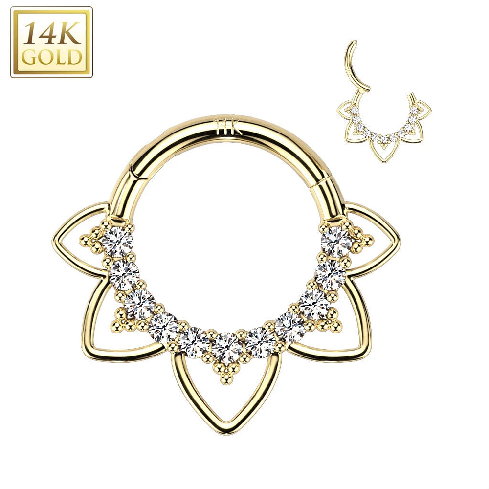 14kt Gold CZ Floral Beaded Tribal Septum Daith Hinged Clicker Hoop