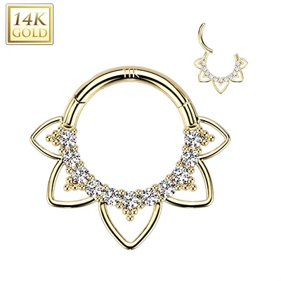 14kt Gold CZ Floral Beaded Tribal Septum Daith Hinged Clicker Hoop