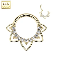 14kt Gold CZ Floral Beaded Tribal Septum Daith Hinged Clicker Hoop