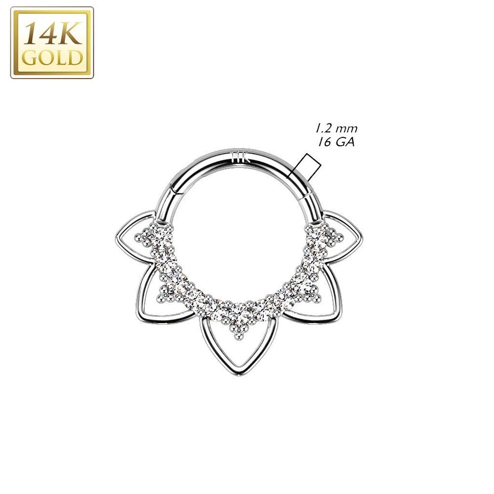 14kt Gold CZ Floral Beaded Tribal Septum Daith Hinged Clicker Hoop