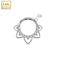 14kt Gold CZ Floral Beaded Tribal Septum Daith Hinged Clicker Hoop