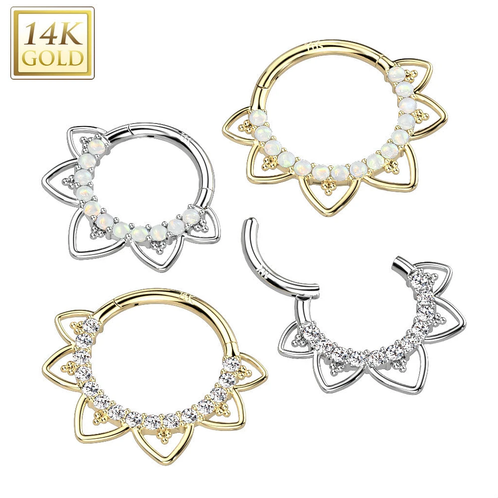 14kt Gold CZ Floral Beaded Tribal Septum Daith Hinged Clicker Hoop