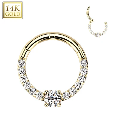 14kt Gold Pave CZ White Gem Center Septum Daith Hinged Clicker Hoop