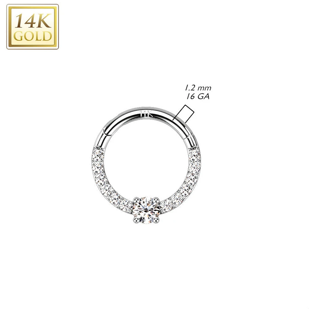 14kt Gold Pave CZ White Gem Center Septum Daith Hinged Clicker Hoop