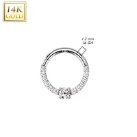 14kt Gold Pave CZ White Gem Center Septum Daith Hinged Clicker Hoop