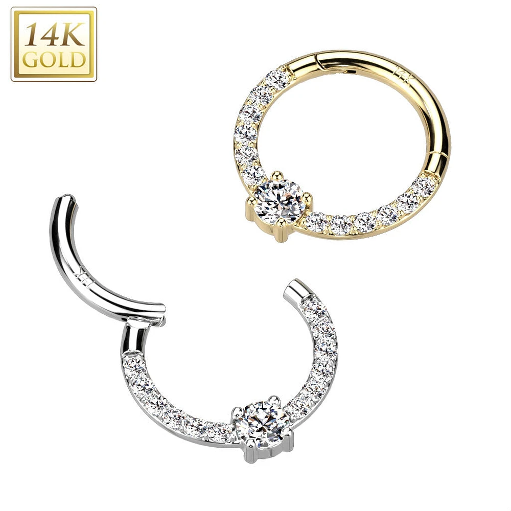 14kt Gold Pave CZ White Gem Center Septum Daith Hinged Clicker Hoop