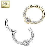 14kt Gold Pave CZ White Gem Center Septum Daith Hinged Clicker Hoop