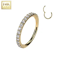 14KT Gold White CZ Pave Hinged Clicker Nose Hoop