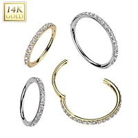 14KT Gold White CZ Pave Hinged Clicker Nose Hoop