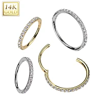 14KT White Gold White CZ Pave Hinged Clicker Nose Hoop