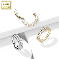 14KT Solid Gold 2 Row White CZ Ear Cartilage Hinged Clicker Hoop