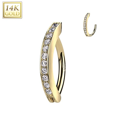 14KT Gold White CZ Clicker Hoop Hinged Belly Ring