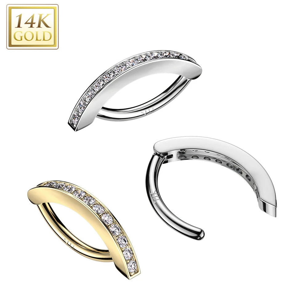 14KT Gold White CZ Clicker Hoop Hinged Belly Ring