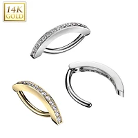 14KT Gold White CZ Clicker Hoop Hinged Belly Ring