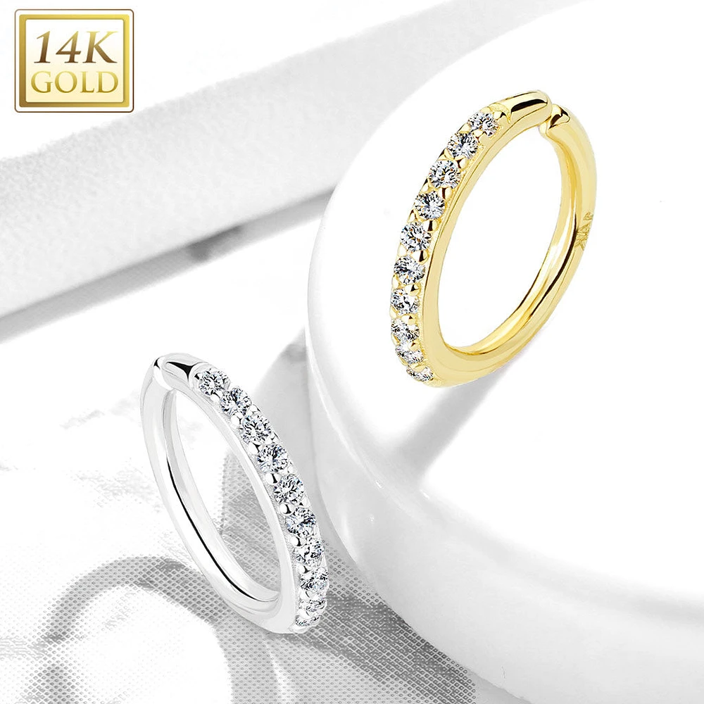 14KT Solid Yellow Gold White CZ Studded Nose Ring Hoop