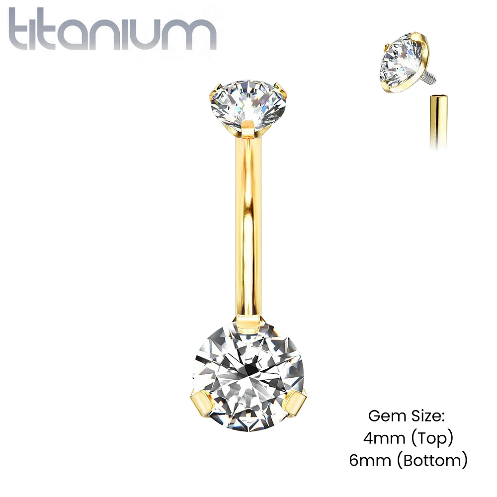 Implant Grade Titanium Internally Threaded Gold PVD White CZ Prong Belly Button Navel Ring