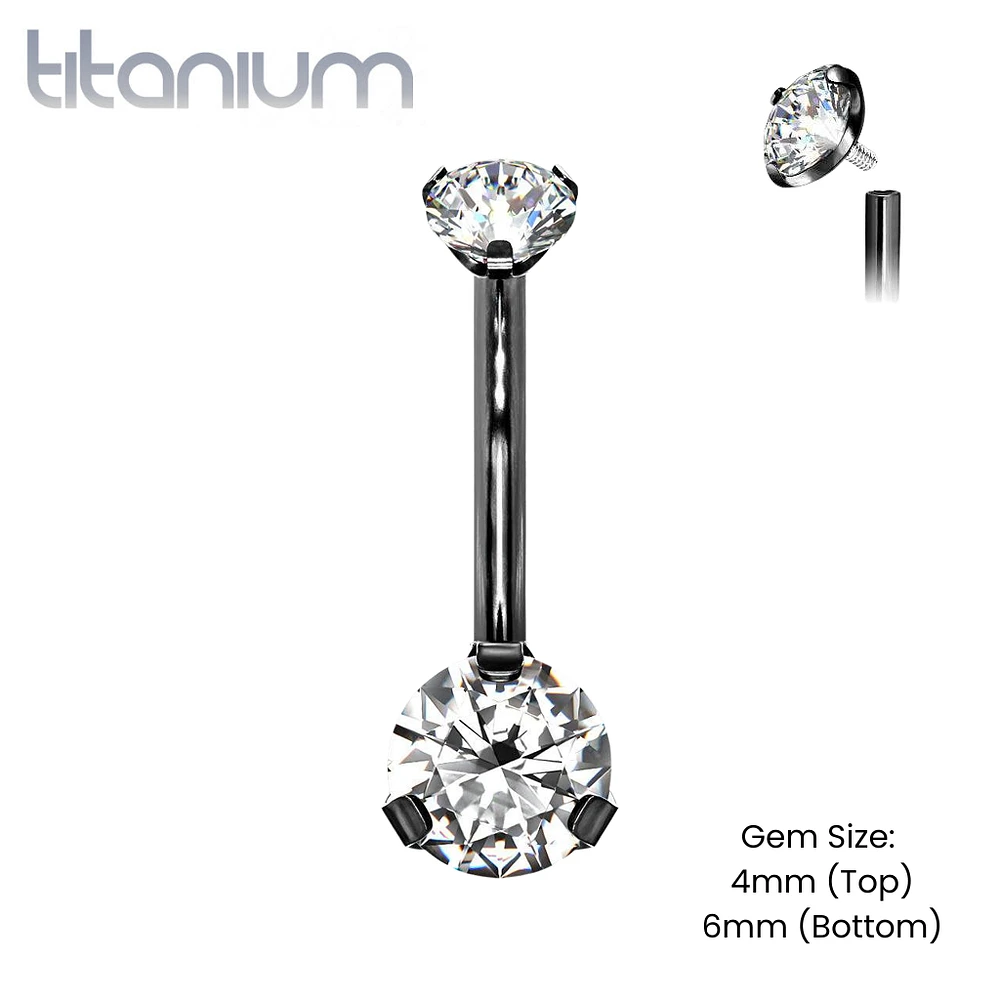 Implant Grade Titanium Internally Threaded Black PVD White CZ Prong Belly Button Navel Ring