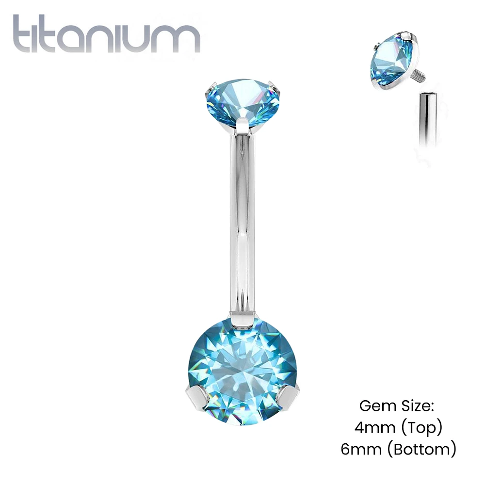 Implant Grade Titanium Internally Threaded Aqua CZ Prong Belly Button Navel Ring