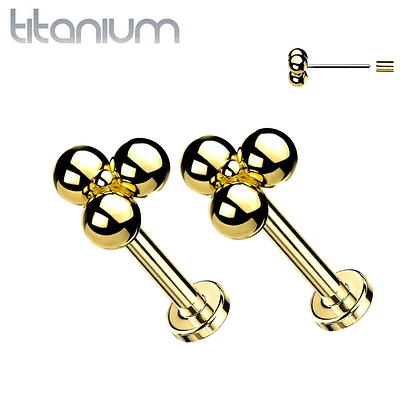 Pair of Implant Grade Titanium Threadless Gold PVD Dainty Trillium Earring Studs with Flat Back