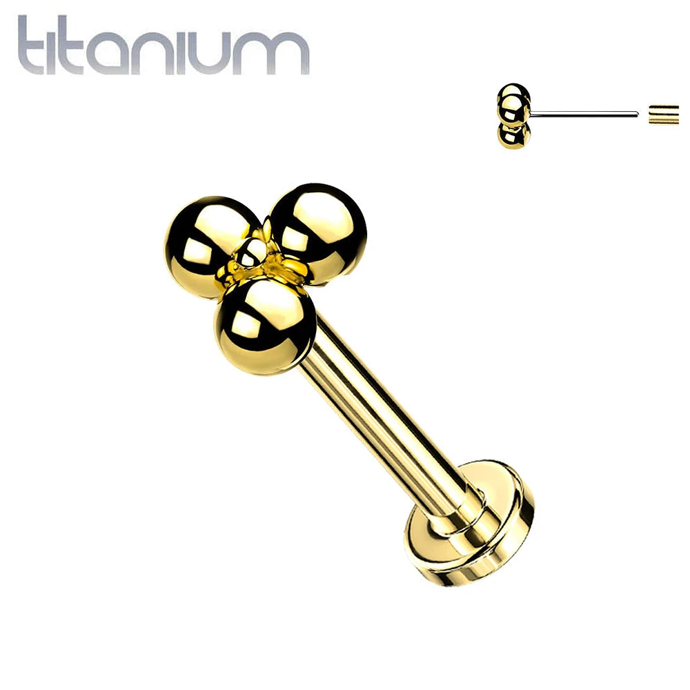 Implant Grade Titanium Threadless Push In Tragus/Cartilage Gold PVD Trillium Labret Stud