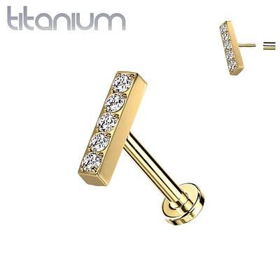 Implant Grade Titanium Gold PVD Threadless Push In Labret White Studded CZ Rectangle Bar