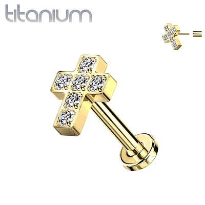 Implant Grade Titanium Gold PVD Threadless Push In Labret White Studded CZ Cross