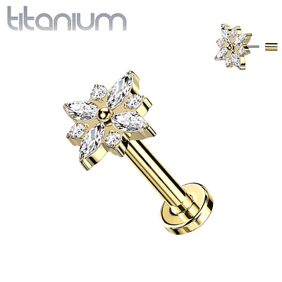 Implant Grade Titanium Gold PVD Large White CZ Gem Flower Threadless Push In Labret