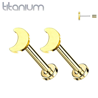 Pair of Implant Grade Titanium Dainty Threadless Gold PVD Moon Earring Studs with Flat Back