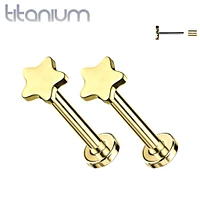 Pair of Implant Grade Titanium Threadless Gold PVD Small Dainty Star Earring Studs with Flat Back