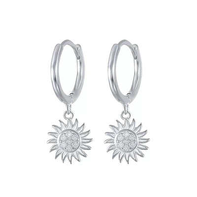 Pair of 925 Sterling Silver White CZ Gem Large Sun Dangle Minimal Hoop Earrings