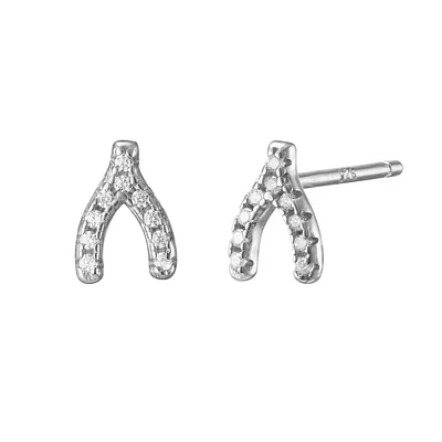 Pair of 925 Sterling Silver Small White CZ Wishbone Minimal Earring Studs