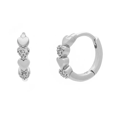 Pair of 925 Sterling Silver Heart White CZ Gem Minimal Hoop Earrings