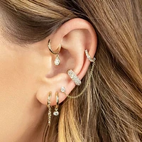 925 Sterling Silver Gold PVD Chain Connected CZ Stud With Faux Cartilage Conch Hoop