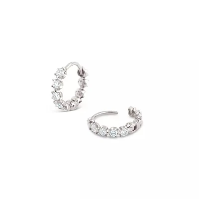 Pair of 925 Sterling Silver Clawed 5 White CZ Gem Minimal Hoop Earrings