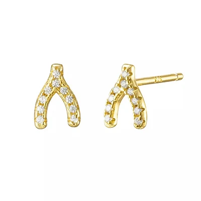 Pair of 925 Sterling Silver Gold PVD Small White CZ Wishbone Minimal Earring Studs