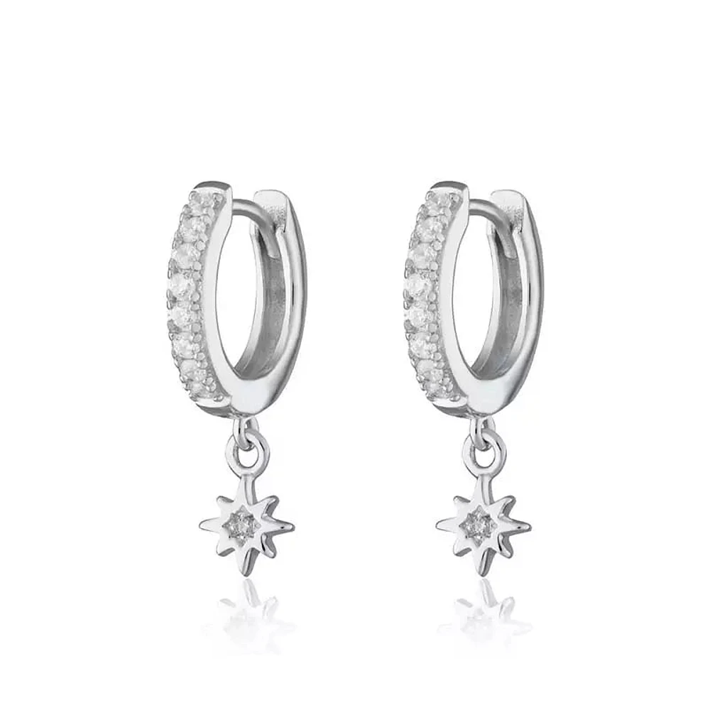 Pair of 925 Sterling Silver Dainty Starburst Dangle Minimal Hoop Earrings