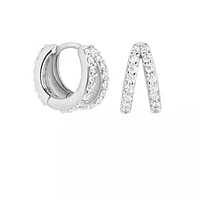 Pair of 925 Sterling Silver Double White Pave Gem Minimal Hoop Earrings