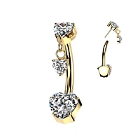 Implant Grade Titanium Gold PVD Threadless Push In White CZ Heart Dangle Belly Ring