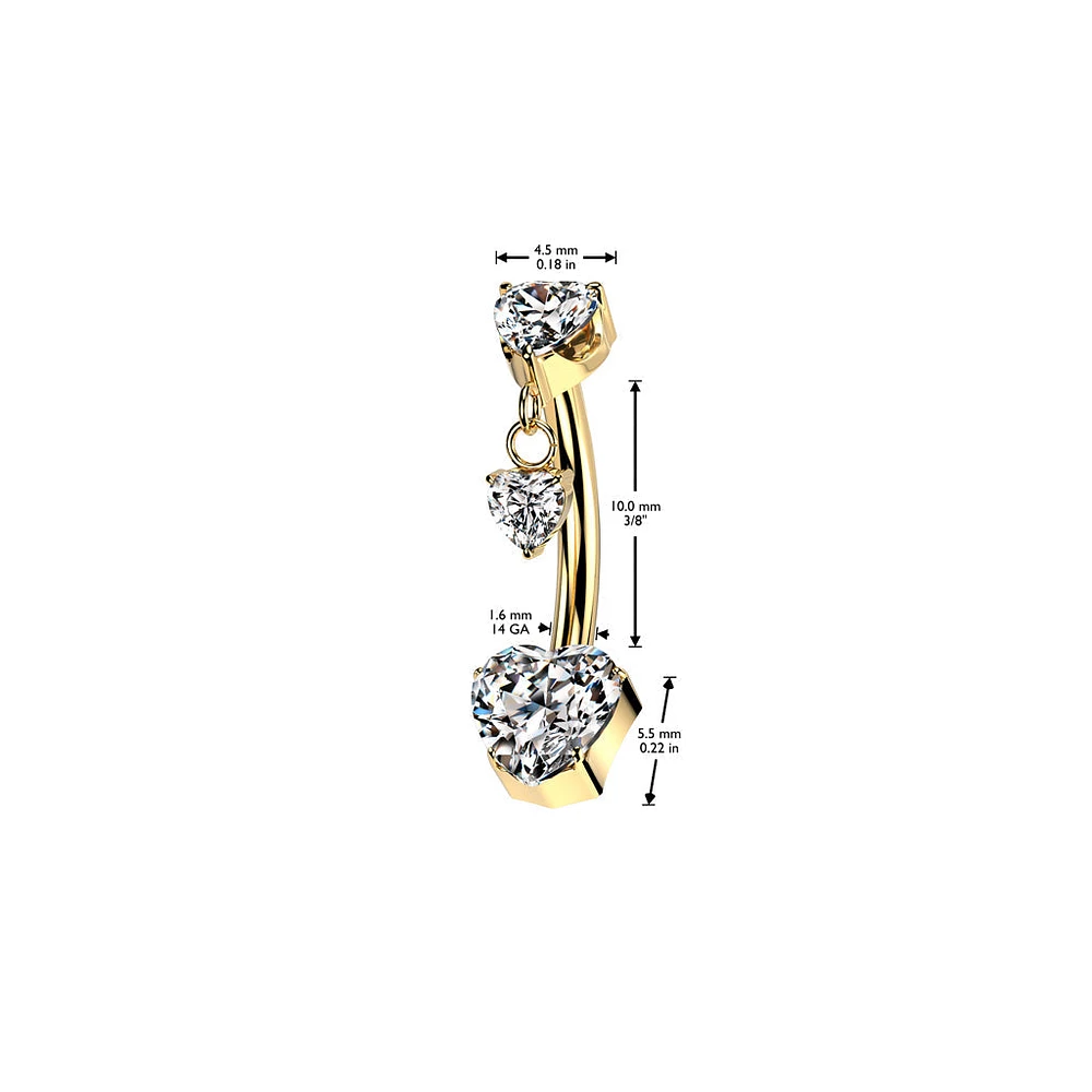 Implant Grade Titanium Gold PVD Threadless Push In White CZ Heart Dangle Belly Ring